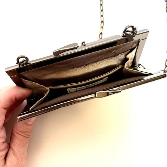 Gold Sequin Evening Bag, Beaded Clutch, Taupe Fabric, Chain Strap, 5 x 6 - Picture 5 of 9